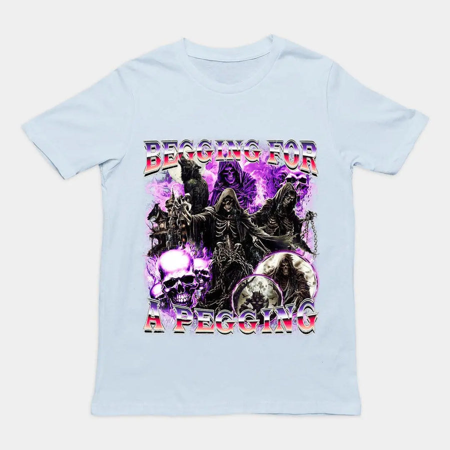 Bold "Begging for a Pegging" sarcastic text graphic on a light blue premium heavy cotton t-shirt.