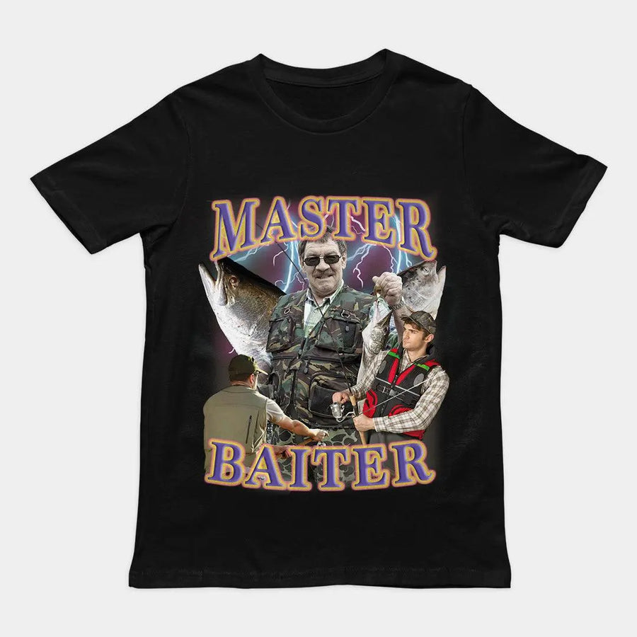 Classic "Master Baiter" fishing pun graphic design printed on a black cotton t-shirt.