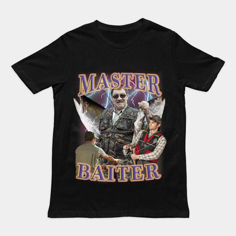 Classic "Master Baiter" fishing pun graphic design printed on a black cotton t-shirt.