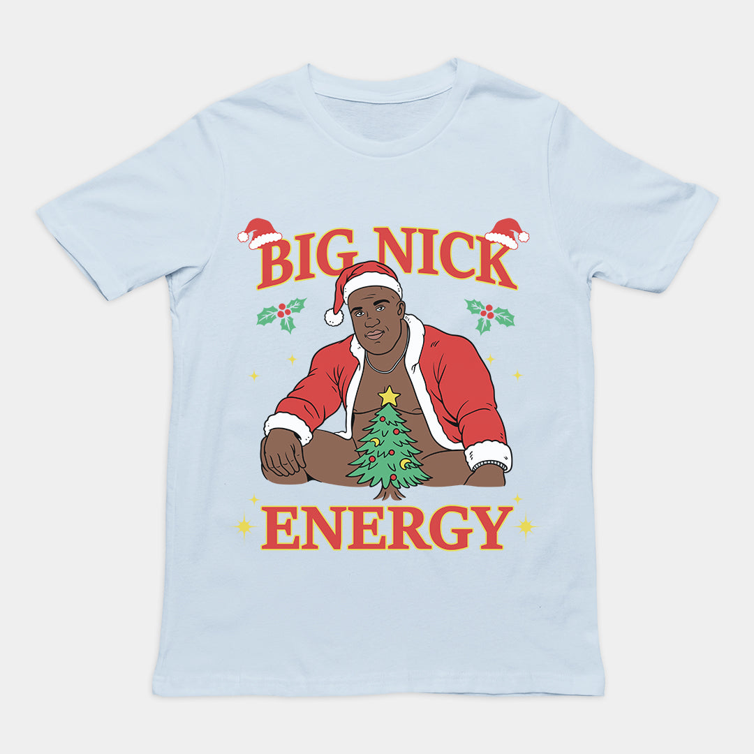 Orbital Clothing light blue t-shirt featuring funny Christmas graphic text Big Nick Energy with Santa Claus design