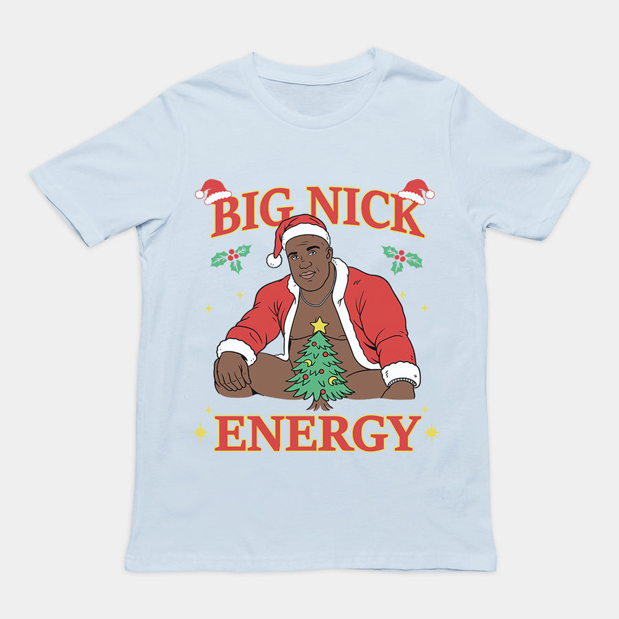 Orbital Clothing light blue t-shirt featuring funny Christmas graphic text Big Nick Energy with Santa Claus design