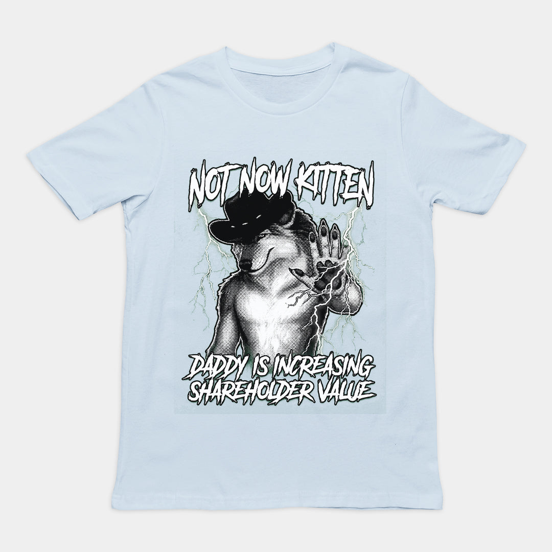 Funny "Not Now Kitten Daddy is Increasing Shareholder Value" sarcastic text printed on a light blue graphic t-shirt