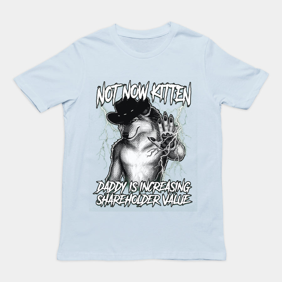 Funny "Not Now Kitten Daddy is Increasing Shareholder Value" sarcastic text printed on a light blue graphic t-shirt