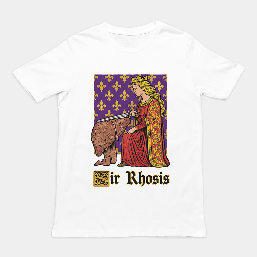 Clever "Sir Rhosis" drinking pun character graphic printed on a white premium graphic t-shirt.