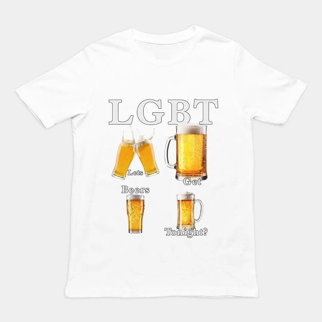 Funny "LGBT - Lets Get Beers Tonight" drinking pun graphic printed on a white premium heavy cotton t-shirt.
