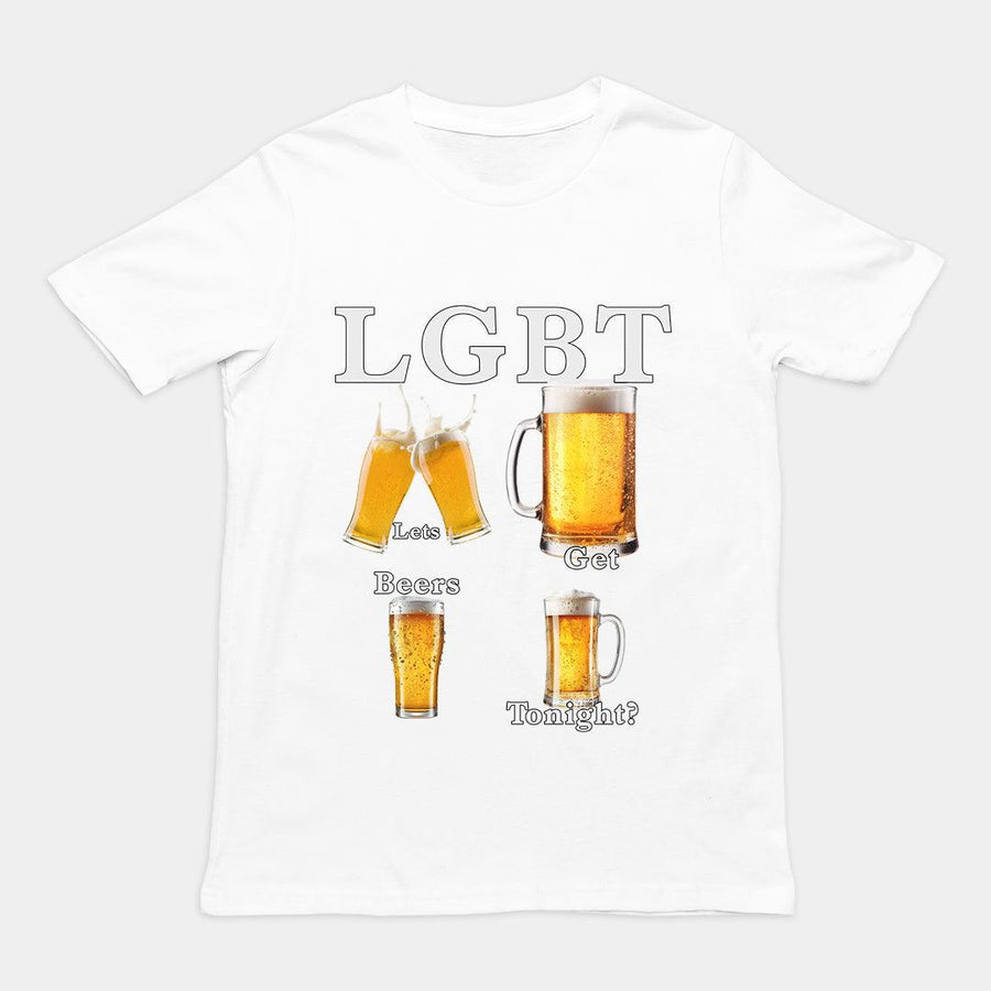 Funny "LGBT - Lets Get Beers Tonight" drinking pun graphic printed on a white premium heavy cotton t-shirt.