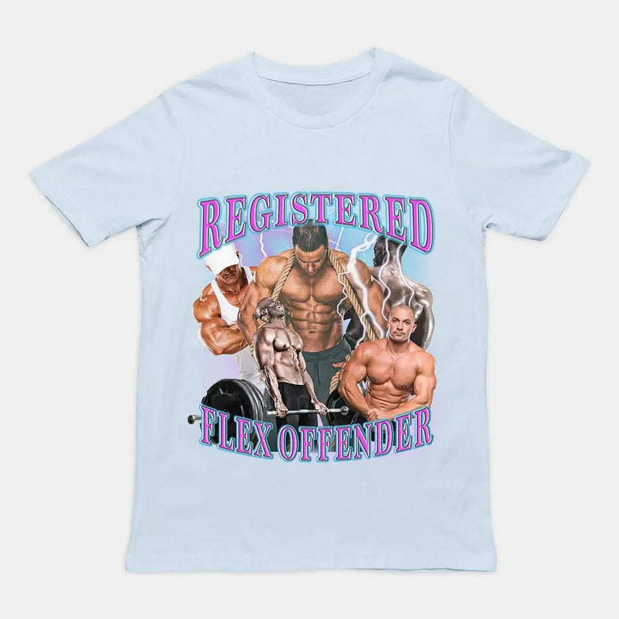 Funny "Registered Flex Offender" gym pun graphic printed on a light blue premium workout t-shirt.