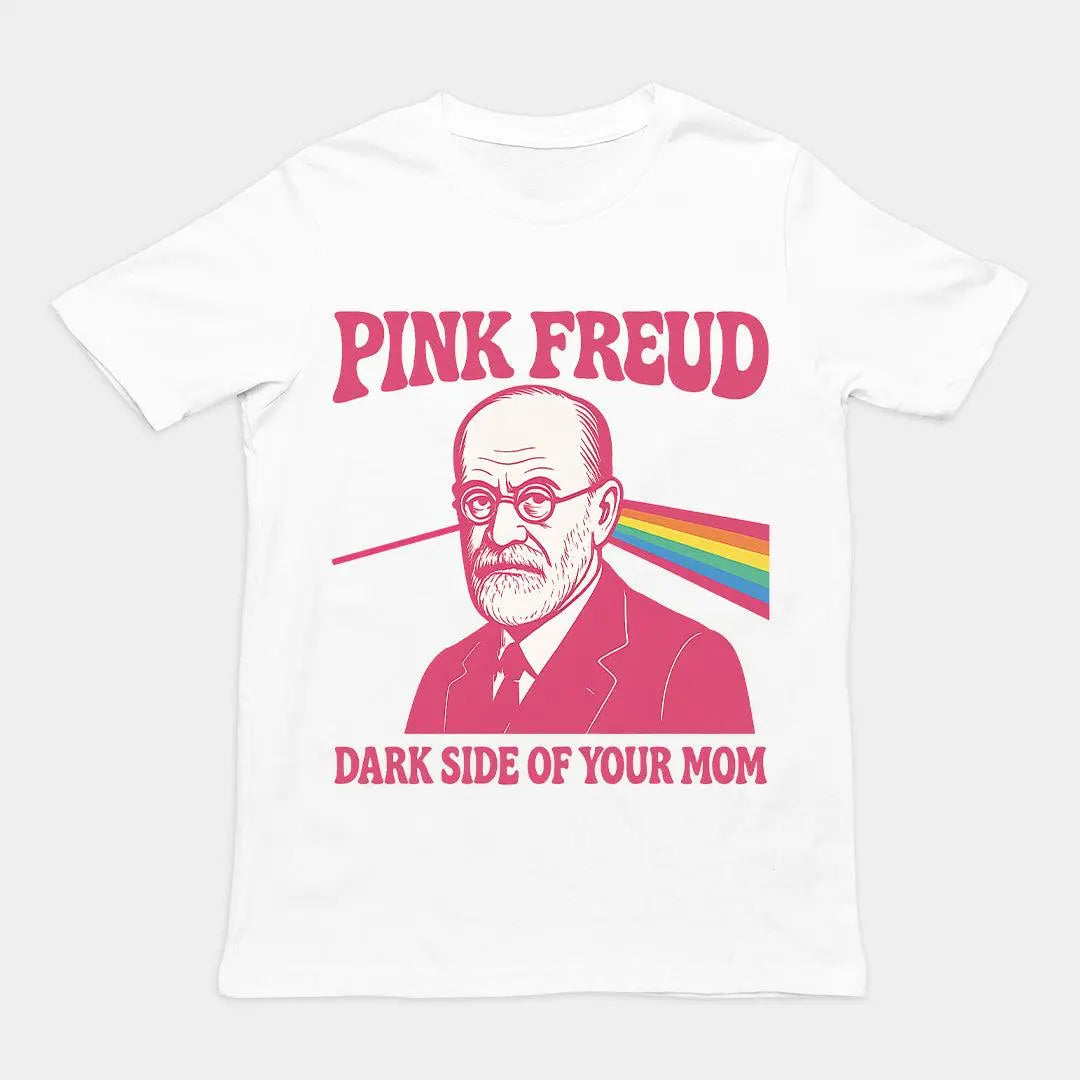Pink Freud psychology pun graphic with Dark Side of the Moon inspired prism on a white premium t-shirt.