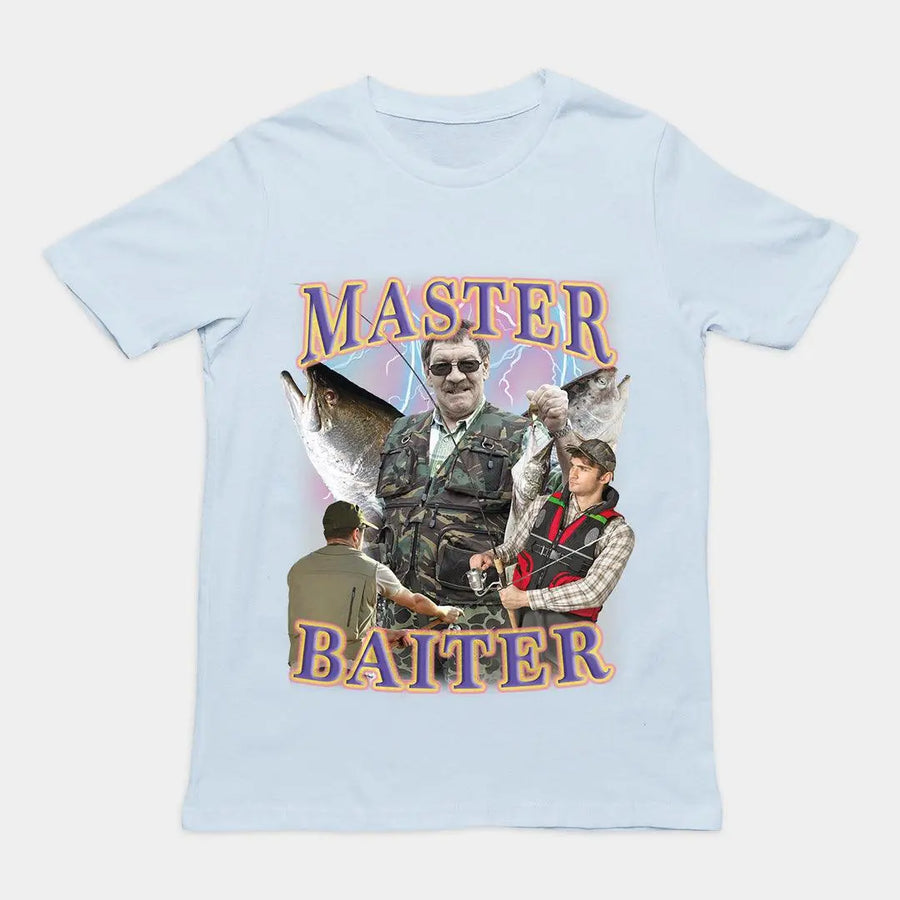Classic "Master Baiter" fishing pun graphic design printed on a light blue cotton t-shirt.