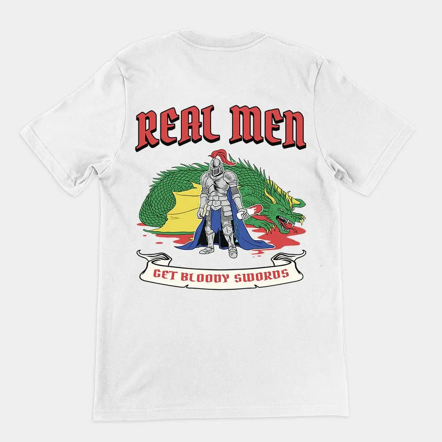 Real Men Get Bloody Swords t-shirt (backprint) - Orbital Clothing