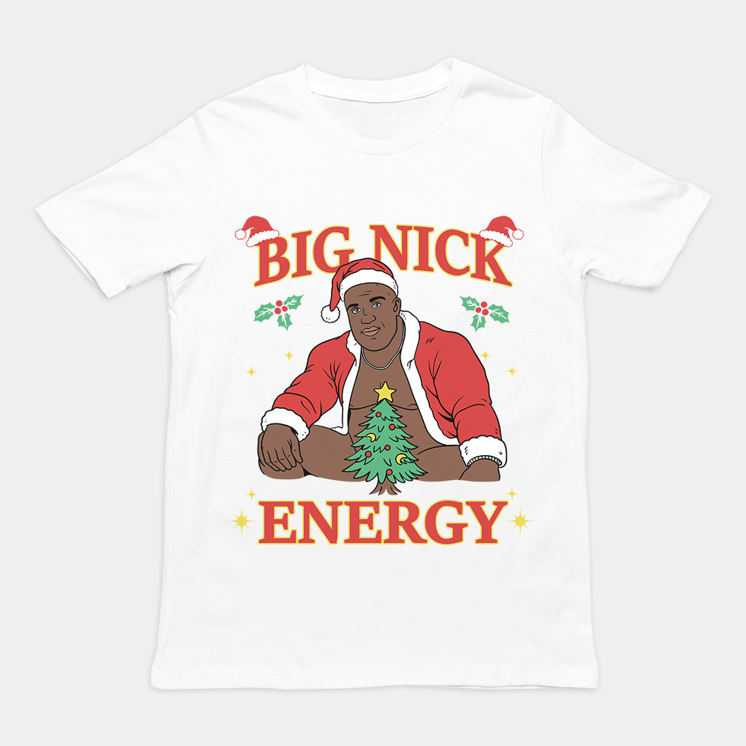 Orbital Clothing white t-shirt featuring funny Christmas graphic text Big Nick Energy with Santa Claus design