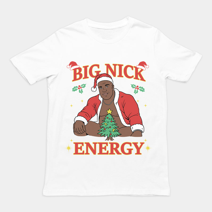 Orbital Clothing white t-shirt featuring funny Christmas graphic text Big Nick Energy with Santa Claus design