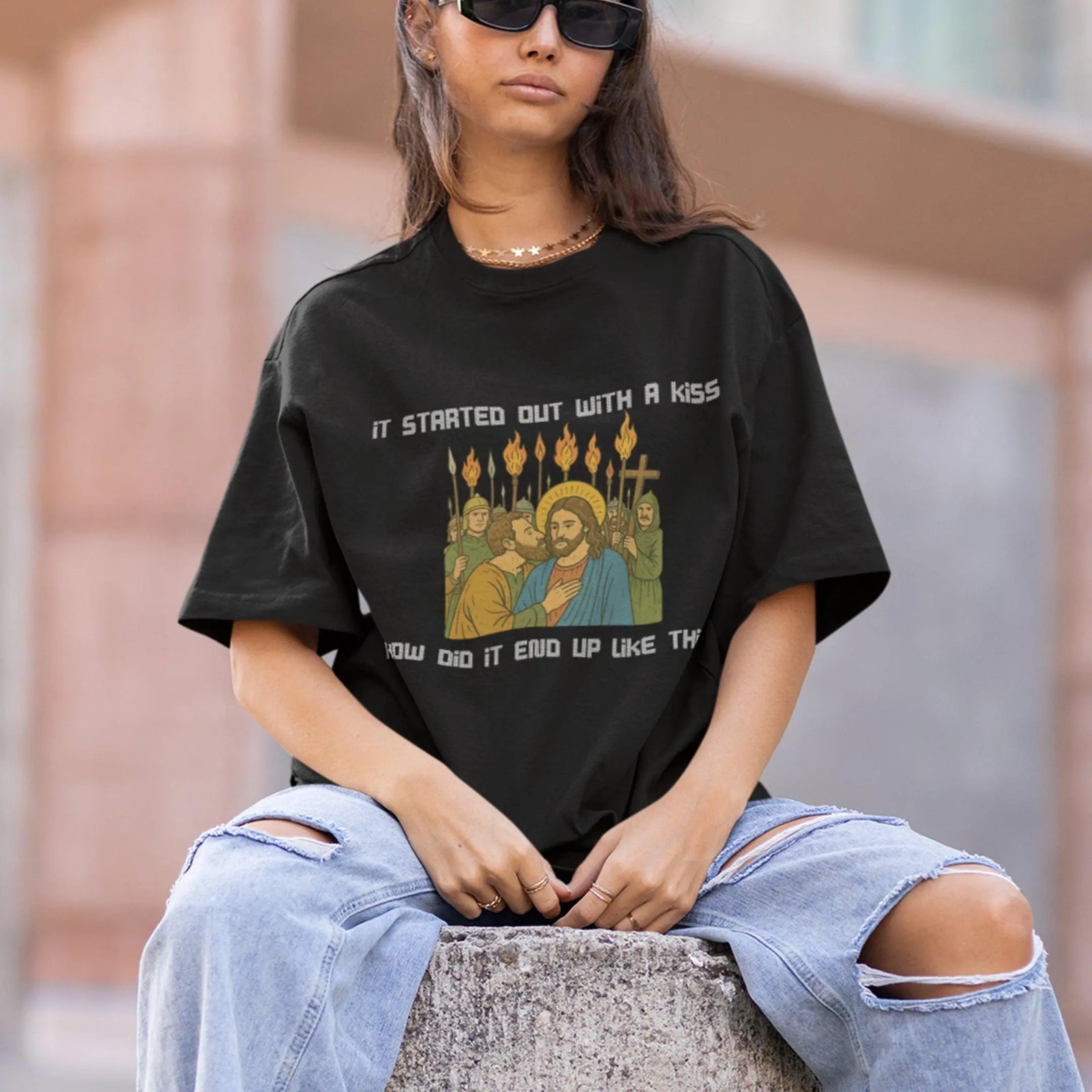 It was only a kiss How did it end up like this Jesus & Judas T-Shirt - Orbital Clothing