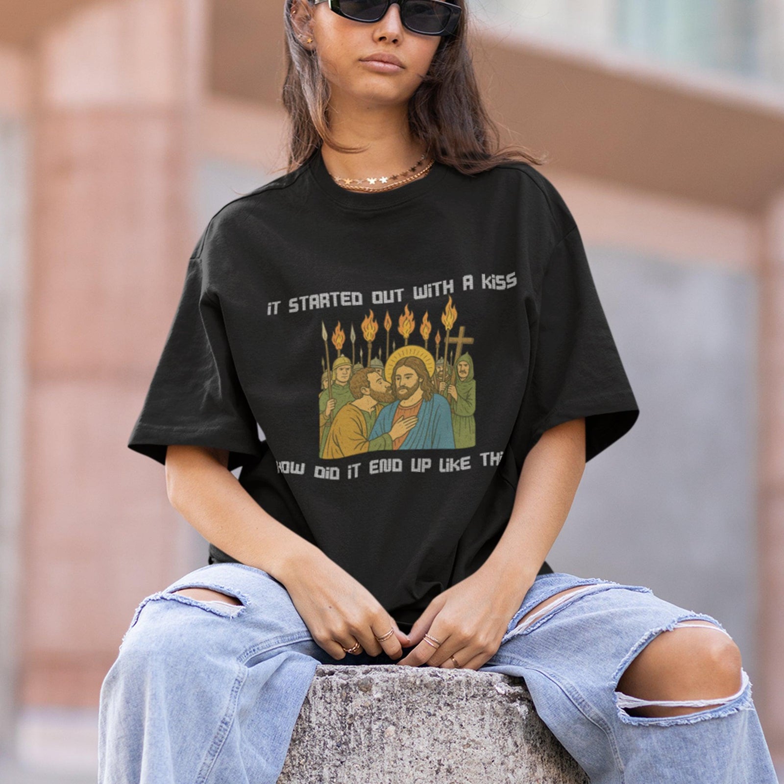 It was only a kiss How did it end up like this Jesus & Judas T-Shirt - Orbital Clothing