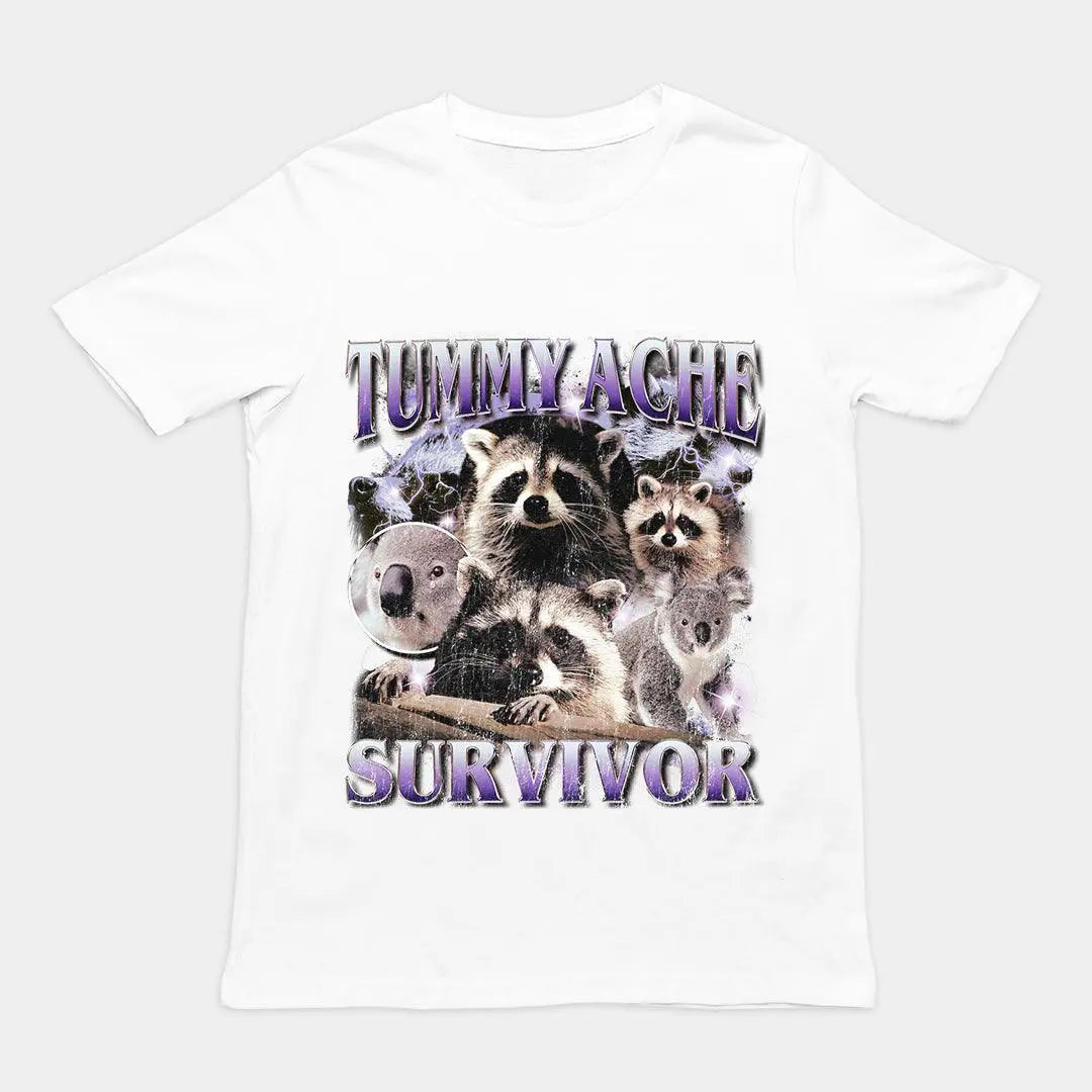 Relatable "Tummy Ache Survivor" text in a decorative style printed on a white premium banter t-shirt.