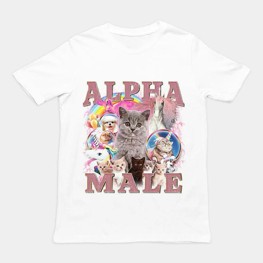Sarcastic "Alpha Male" updated graphic design printed on a white premium heavy cotton t-shirt.