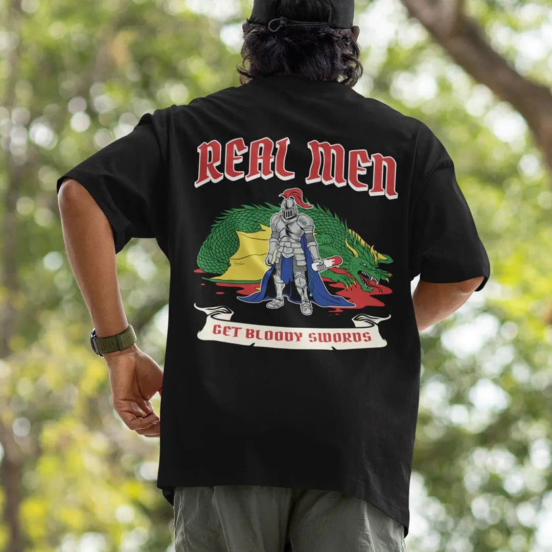 Real Men Get Bloody Swords t-shirt (backprint) - Orbital Clothing