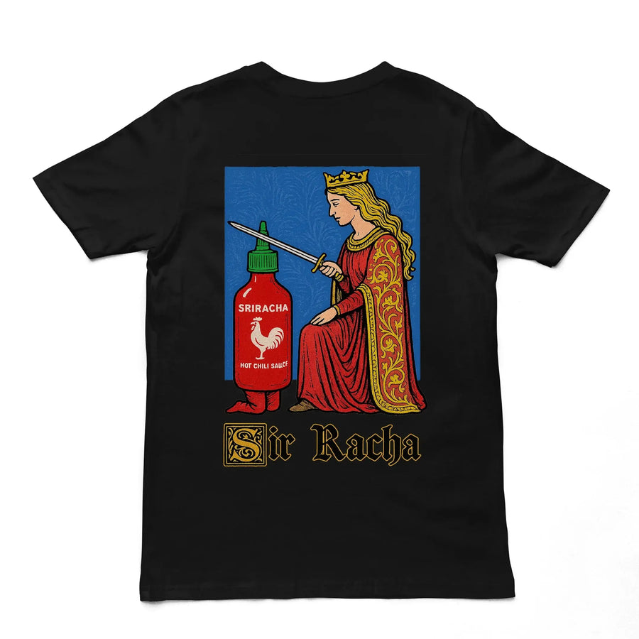 Back view of the Sir Racha funny hot sauce character printed on the back of a black premium t-shirt.