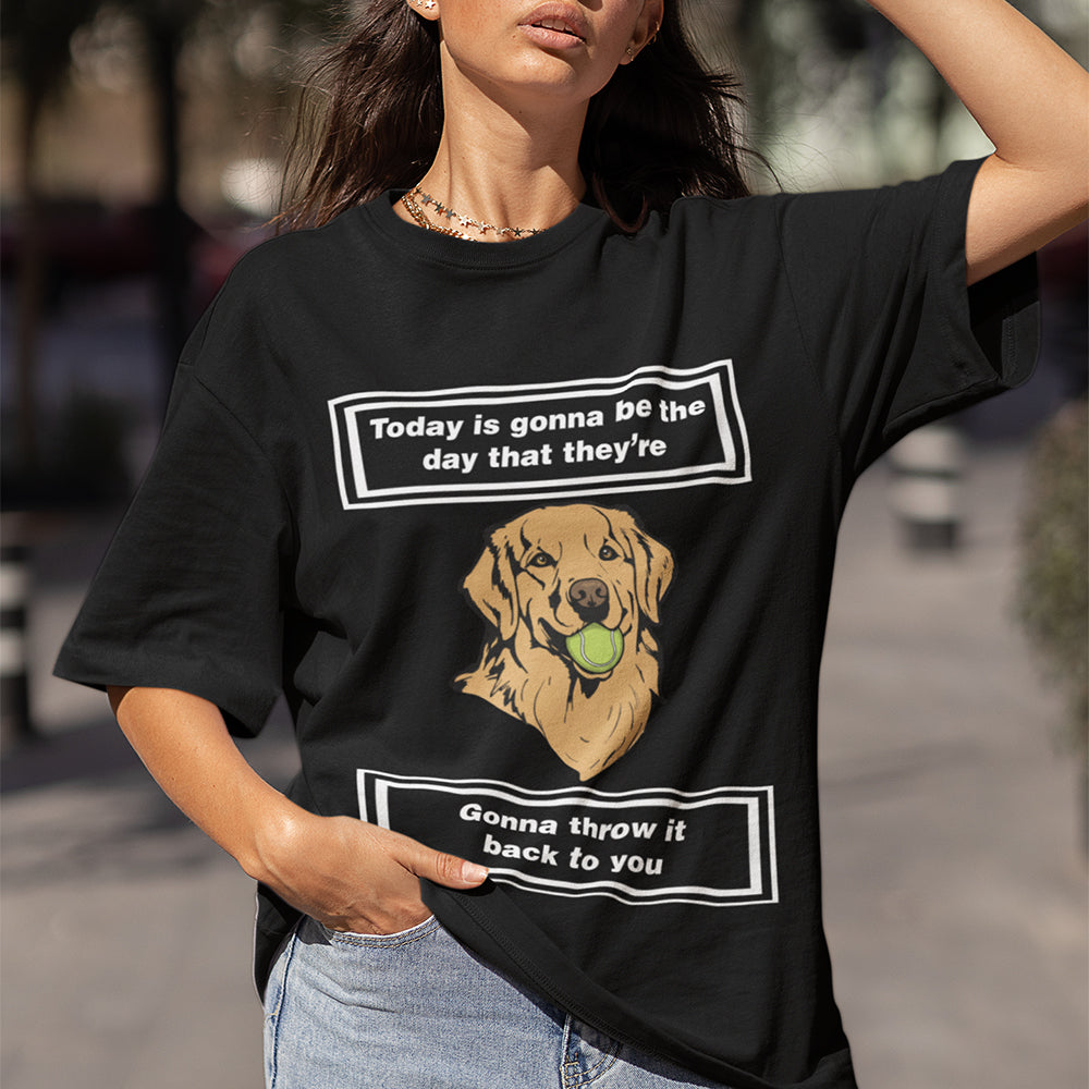 Woman wearing an Orbital Clothing black t-shirt featuring funny graphic text Today is gonna be the day that they're gonna throw it back to you meme design