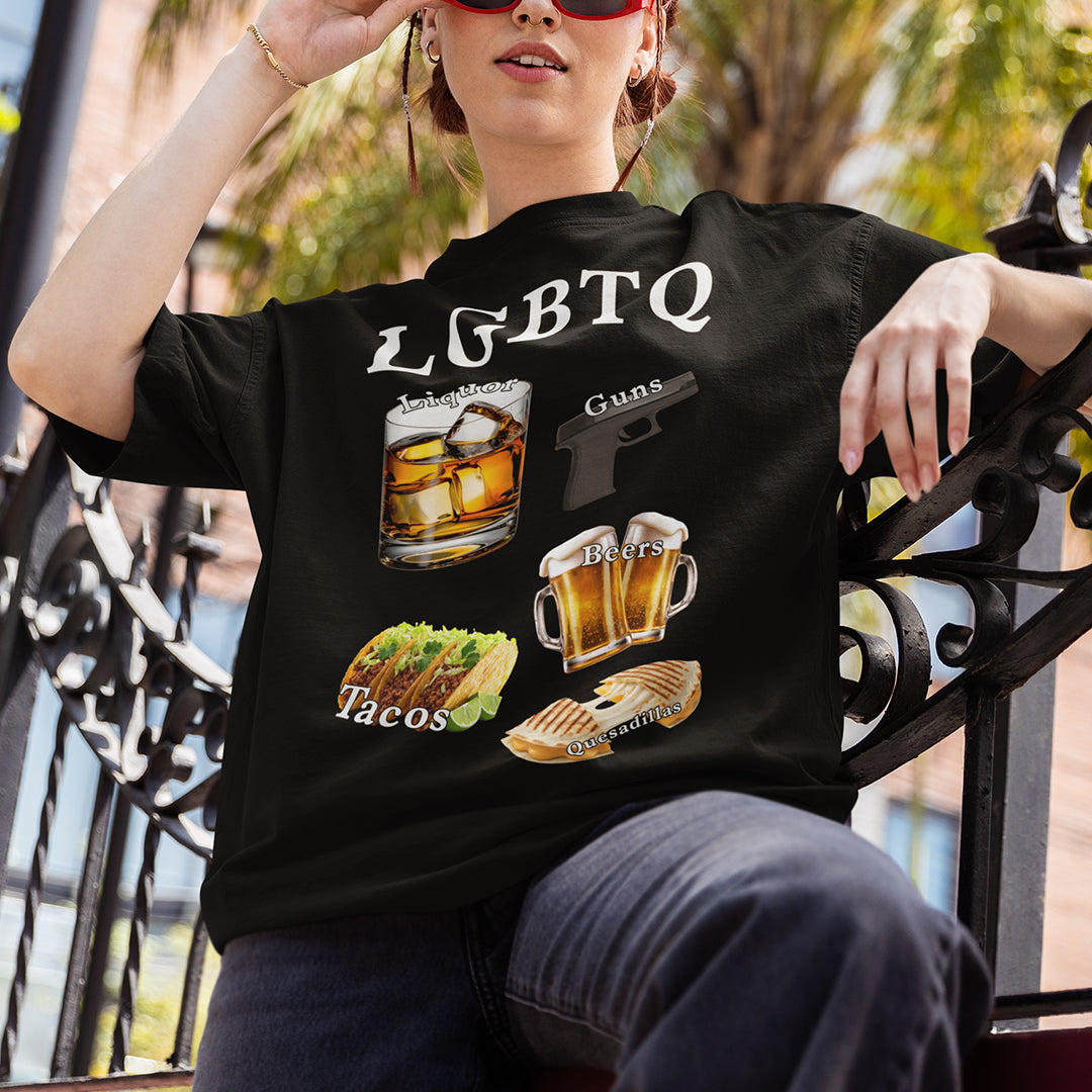 LGBTQ (liquor, guns, beers, tacos, quesadillas) T-Shirt Orbital Clothing
