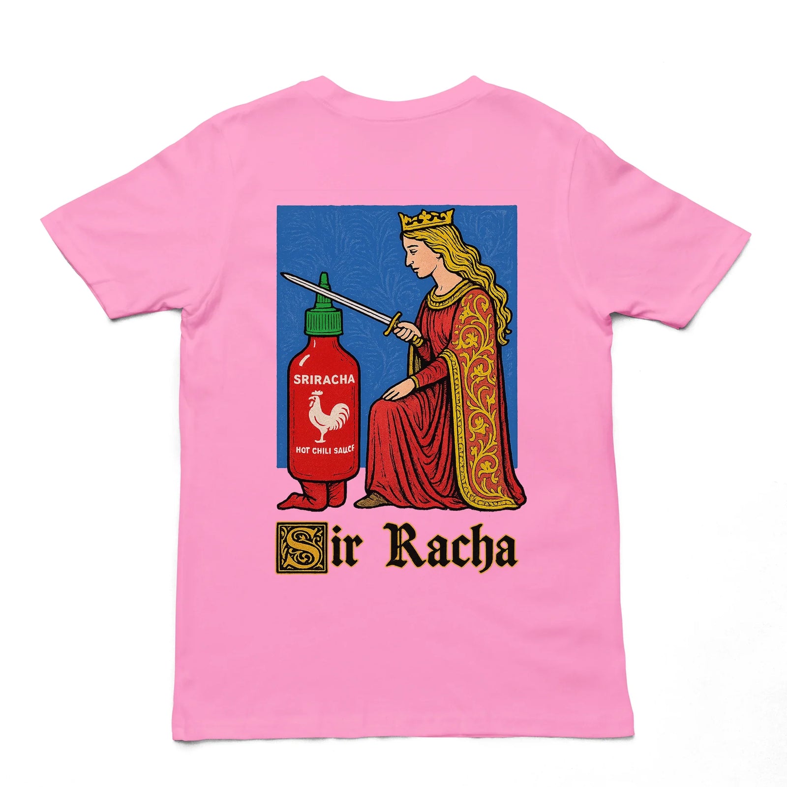 Back view of the Sir Racha funny hot sauce character printed on the back of a azalea pink premium t-shirt.