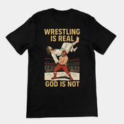 Worstelen is echt God is niet T-shirt (achterkant)