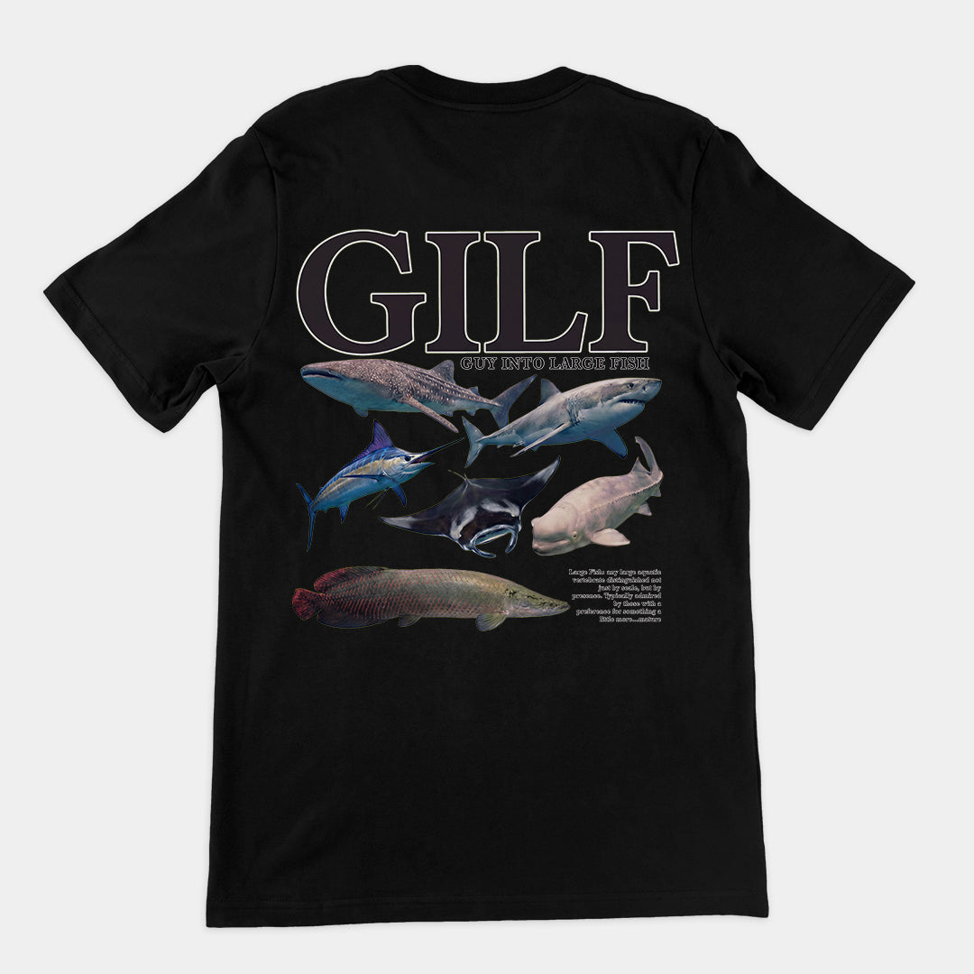 GILF (guy into large fish) T-Shirt (backprint) Orbital Clothing