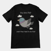 De vogelgriep? Ja, dat doen ze wel vaker op een T-shirt (opdruk op de achterkant).