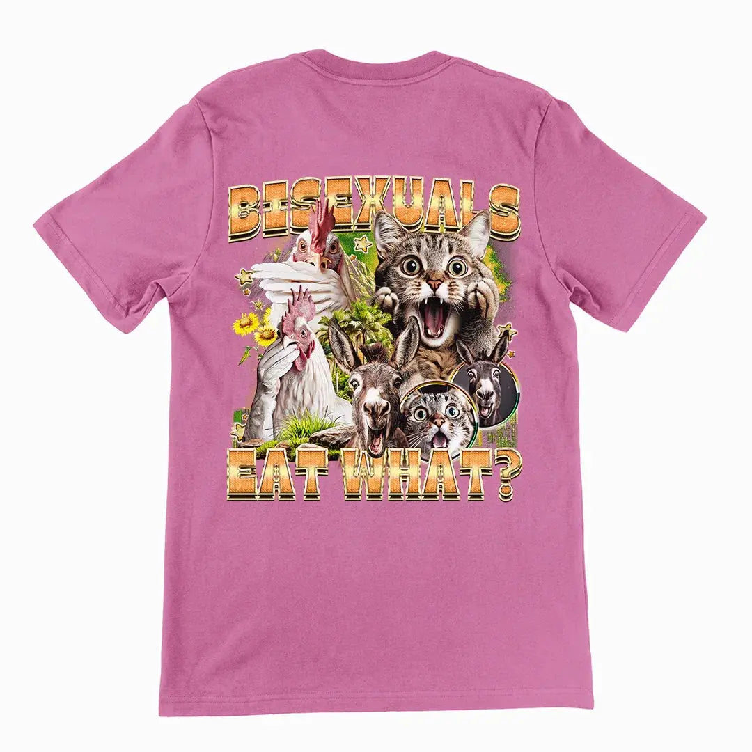 Bisexuals Eat What? (vintage style) T-Shirt (backprint) - Orbital Clothing