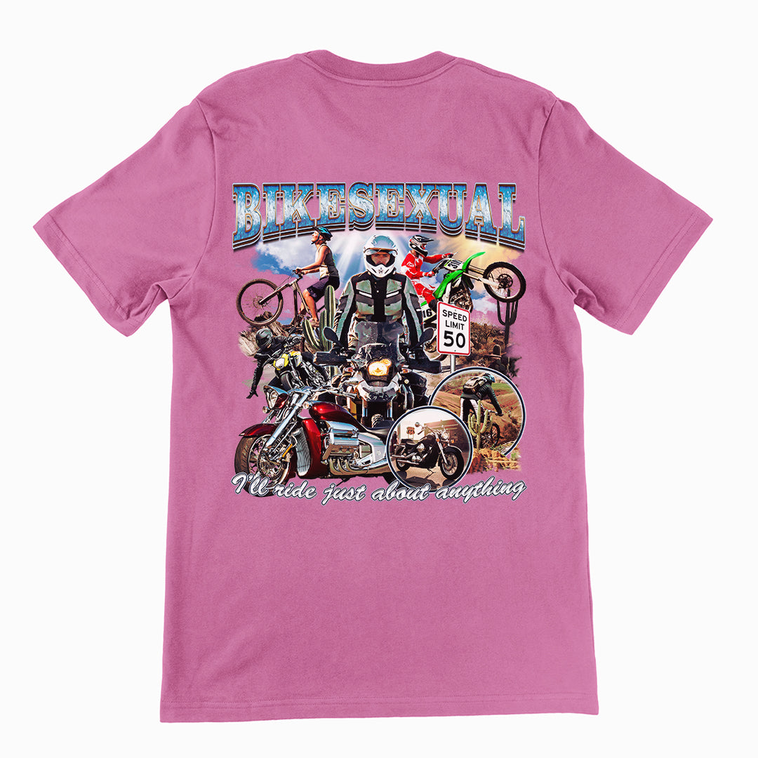 Bikesexual (I'll ride just about anything) T-Shirt (backprint) Orbital Clothing