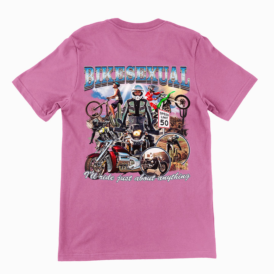 Bikesexual (I'll ride just about anything) T-Shirt (backprint) Orbital Clothing