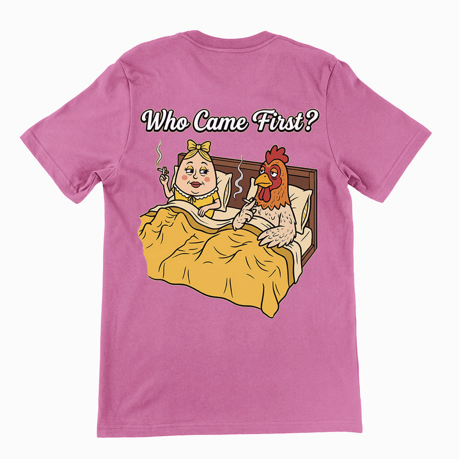 Who came first (the chicken or the egg) T-Shirt (backprint) Orbital Clothing
