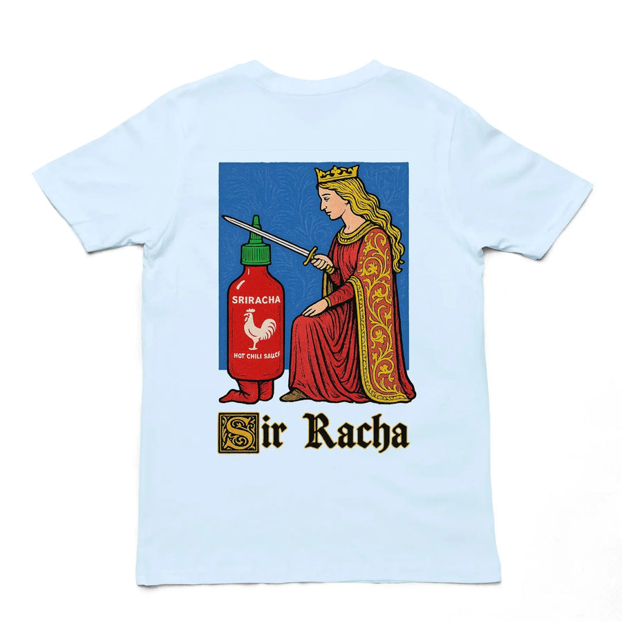 Back view of the Sir Racha funny hot sauce character printed on the back of a light blue premium t-shirt.