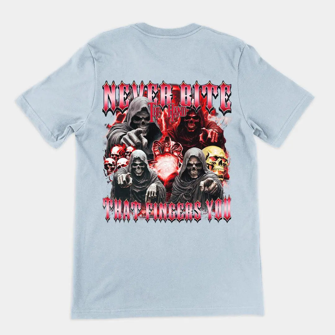 Never Bite the Hand that Fingers You T-Shirt (backprint) - Orbital Clothing