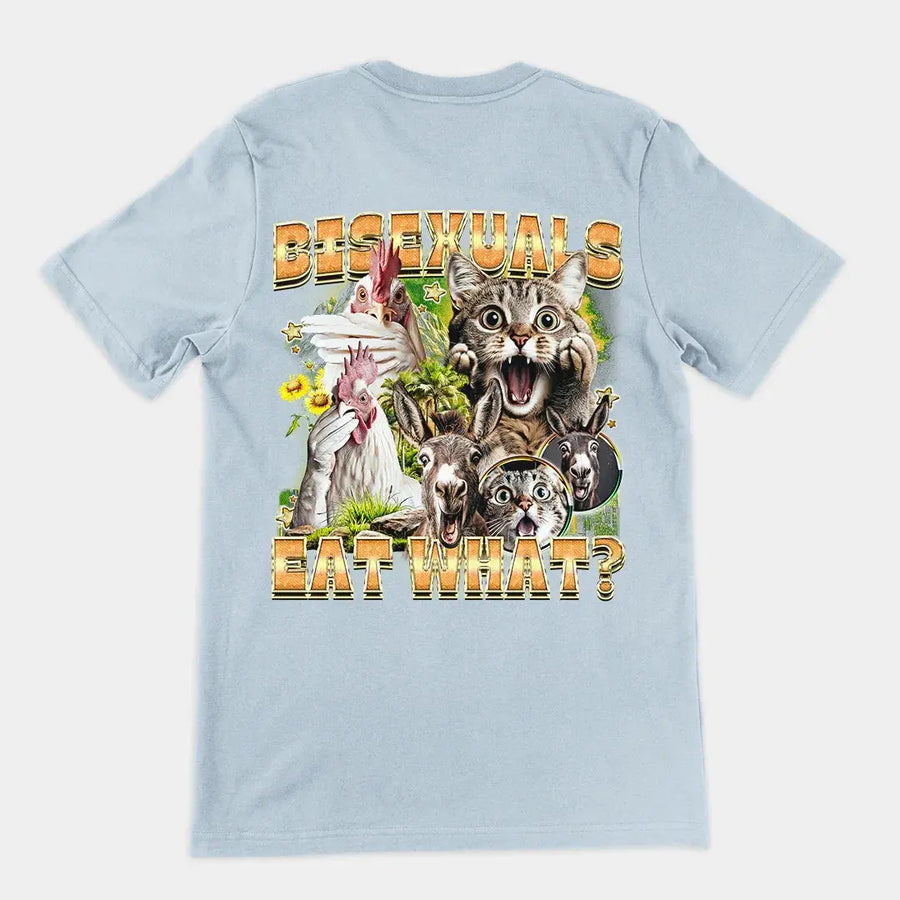 Bisexuals Eat What? (vintage style) T-Shirt (backprint) - Orbital Clothing