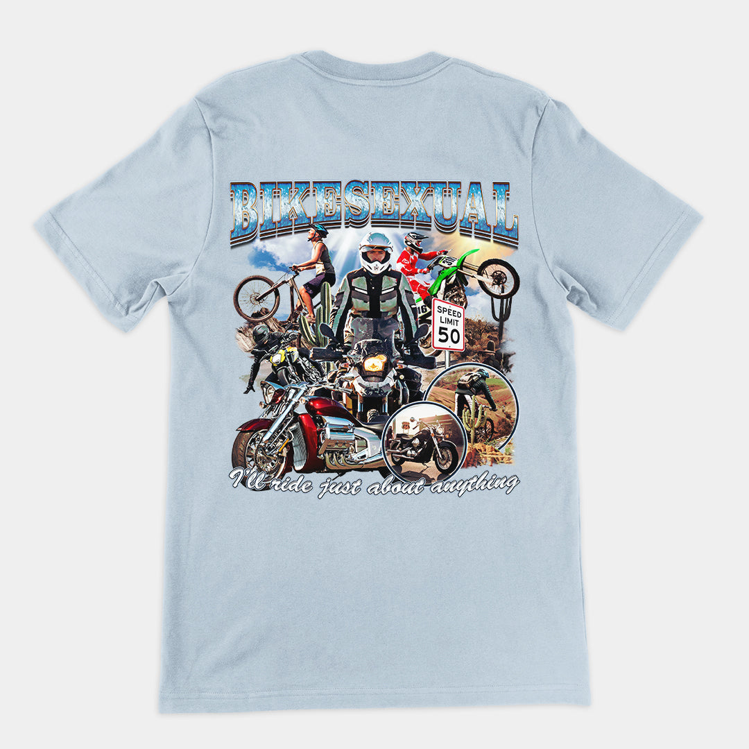 Bikesexual (I'll ride just about anything) T-Shirt (backprint) Orbital Clothing