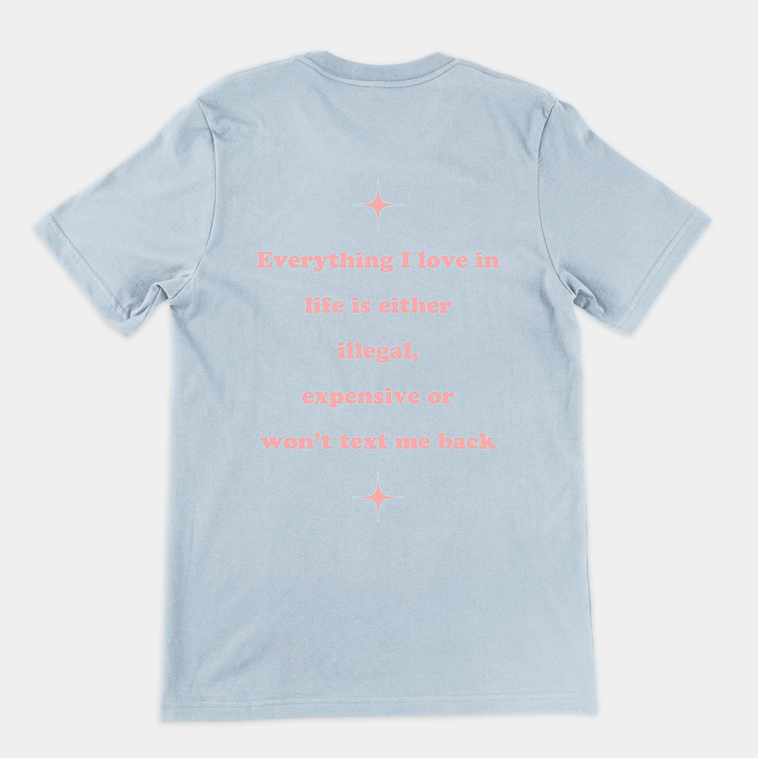 Everything I love in life is either illegal, expensive or won't text me back T-Shirt (backprint)