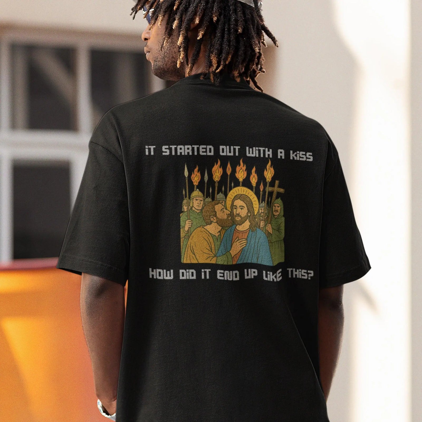 It was only a kiss How did it end up like this Jesus & Judas T-Shirt (backprint) - Orbital Clothing