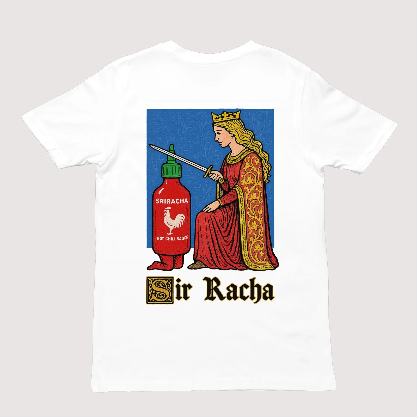 Back view of the Sir Racha funny hot sauce character printed on the back of a white premium t-shirt.