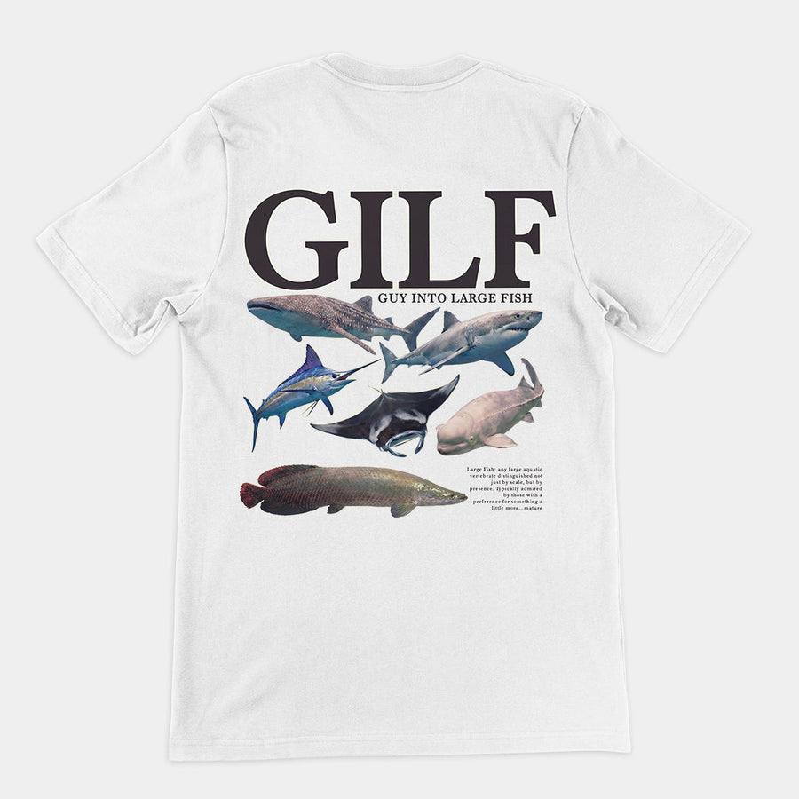 GILF (guy into large fish) T-Shirt (backprint) Orbital Clothing