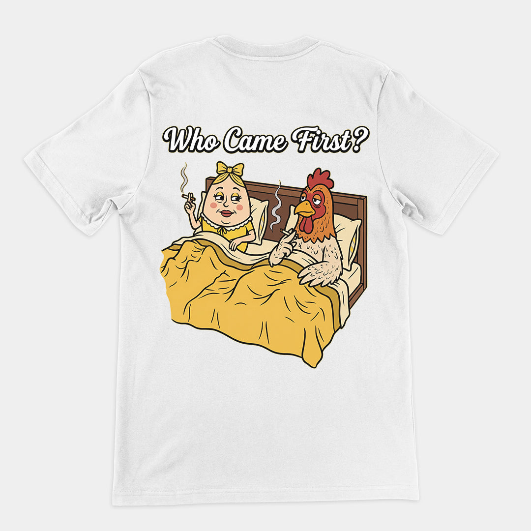 Who came first (the chicken or the egg) T-Shirt (backprint) Orbital Clothing