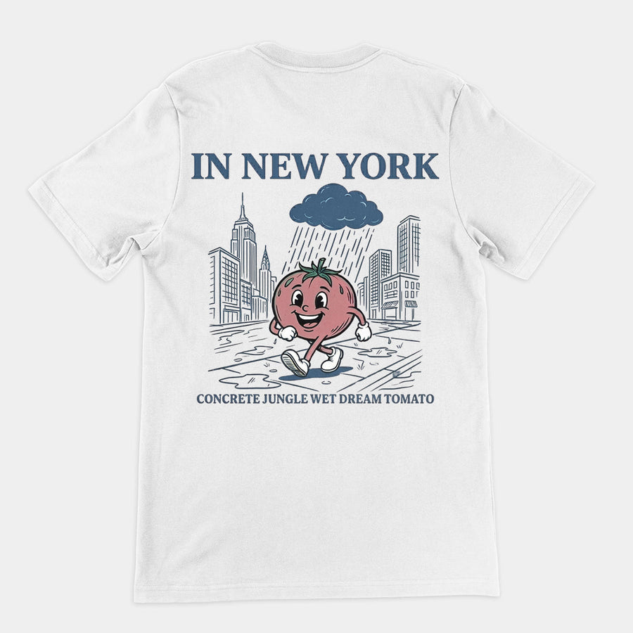 In New York Concrete Jungle Wet Dream Tomato T-Shirt (backprint) Orbital Clothing
