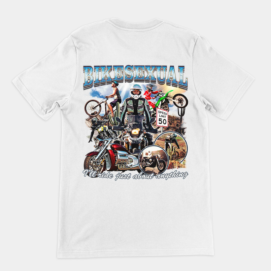 Bikesexual (I'll ride just about anything) T-Shirt (backprint) Orbital Clothing