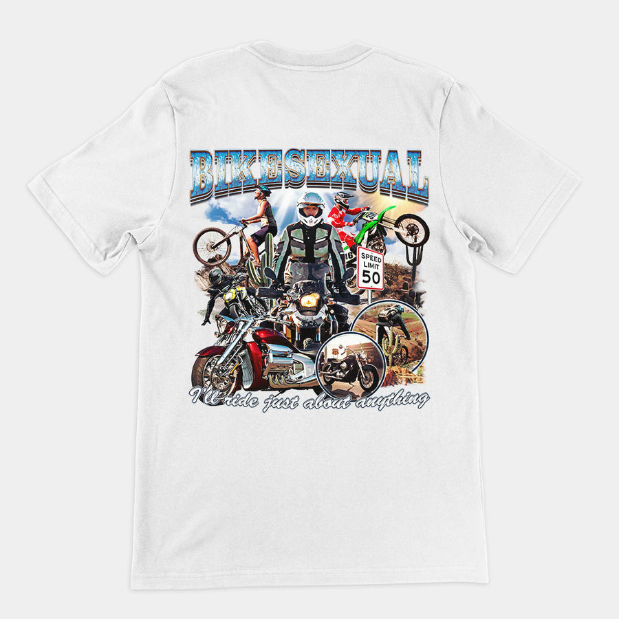 Bikesexual (I'll ride just about anything) T-Shirt (backprint) Orbital Clothing