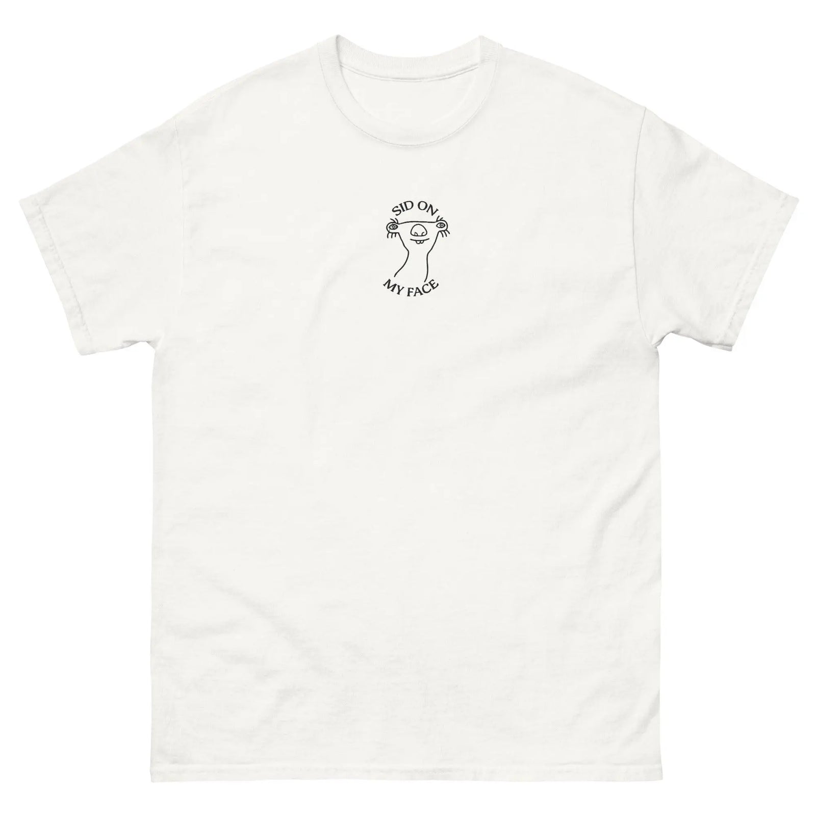 Embroidered funny “Sid on my face” Ice Age pun graphic on a premium black funny shirt – Orbital Clothing
