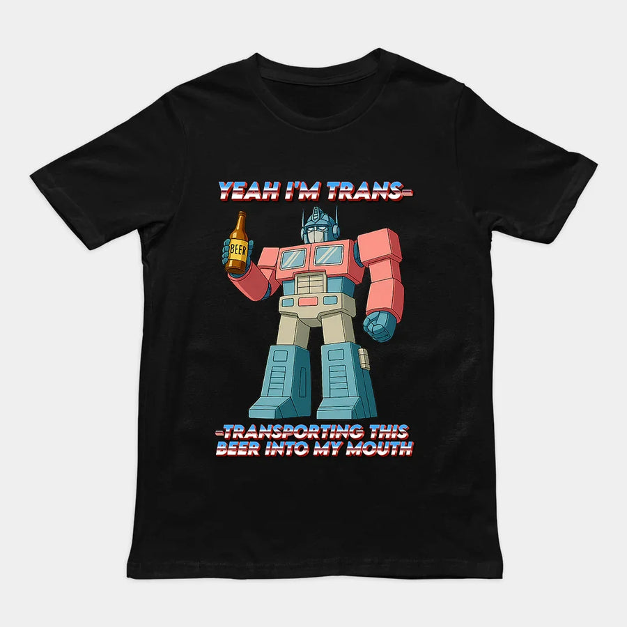 Funny “Transporting this beer into my mouth” drinking pun graphic on a premium black funny shirt – Orbital Clothing