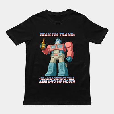 Funny “Transporting this beer into my mouth” drinking pun graphic on a premium black funny shirt – Orbital Clothing