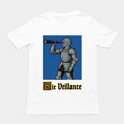 Handdrawn funny Sir Veillance surveillance pun graphic on a premium black funny t-shirt – Orbital Clothing