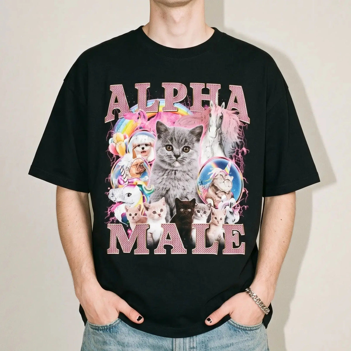 Model wearing the Alpha Male (Updated Design!) t-shirt in black, studio photo