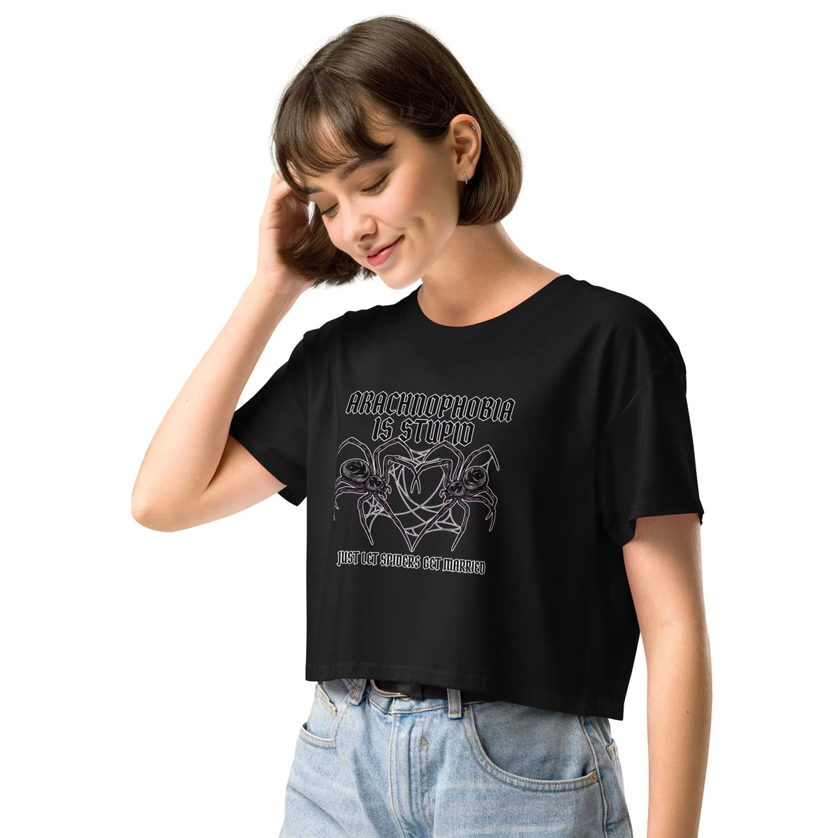 Arachnophobia is stupid just lets spiders get married Women’s crop top Orbital Clothing